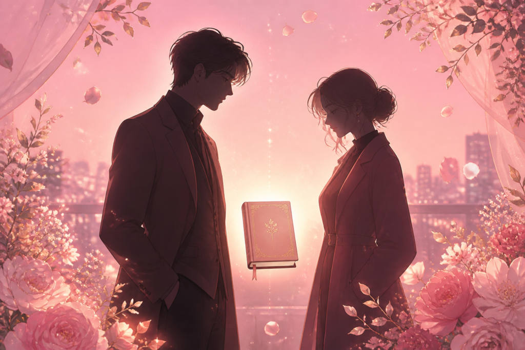 夕暮れの花に囲まれて向かい合う大人の男女と一冊の本