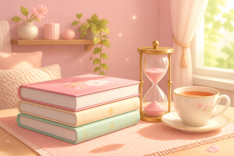 ピンクの読書スペースに置かれた三冊の本と砂時計と紅茶